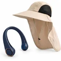OEM VHV - Ensemble chapeau de soleil et ventilateur - Chapeau safari beige pour femmes - Ventilateur à col séparé - Idéal pour la plage, les voyages et le camping