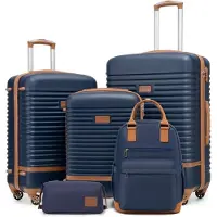 Coolife Ensemble de valises 5 pièces : valise de voyage, trolley, coque rigide en ABS, 4 roulettes, serrure TSA, bleu/marron, comprenant un sac à dos et une trousse de toilette