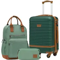 Coolife Ensemble de valises cabine 3 pièces, vert foncé/marron, coque rigide en ABS, 4 roulettes, serrure TSA