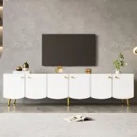 Flieks Meuble TV moderne avec pieds et poignées dorés, buffet à 6 portes, console TV pour salon et chambre, blanc