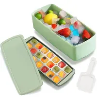 Unyqoos Moules à glaçons vert – 21 compartiments en silicone, faciles à démouler, couvercle et boîte de rangement en plastique de qualité alimentaire (sans BPA), pelle, glaçons carrés
