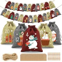 Sonstiges Calendrier de l'Avent à remplir : 24 petits sacs en tissu de jute, pour une décoration de Noël personnalisée, couleurs rouge, jaune et gris, dimensions 16x20 cm