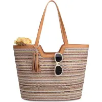 Benza Ibenzoa Sac cabas pour femmes – sac en paille de taille moyenne, 34 x 15 x 34 cm, design bohème avec franges, doublure en coton kaki, pliable, 0,56 kg