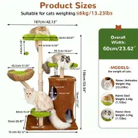StarTech.com Arbre à chat - 136 cm. Tour d'activité - 5 niveaux - Poteaux à gratter en sisal - Panier tressé - Mobilier pour chat d'intérieur - Vert
