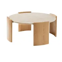 CALICOSY - Table basse ronde plateau effet travertin et pieds effet bois D80 cm - IZIA