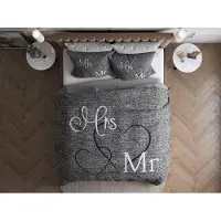 Benza Housse de couette Ibenzoa en 100% coton – 200 x 220 cm, gris avec motif "Mr. and Mrs.", légère (100 g/m²), fermeture éclair, lavable à 60°C