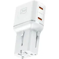 3MK Chargeur de voyage pour smartphone/tablette, 2 ports USB-C, 45W, compatible avec les prises UK, EU, US et AUS, couleur blanche