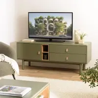 Macabane ETHAN - Meuble TV vert 1 porte, 2 tiroirs et 2 niches en bois naturel ETHAN