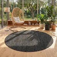 Teppium Tapis Rond Extérieur 80 cm Noir Uni Tissage Plat Résistant UV