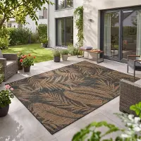 Teppium Tapis Extérieur 200x280 cm Noir Feuilles de Palmier Résistant