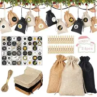 Sonstiges Calendrier de l'Avent avec 24 petits sacs en jute, avec cordon de serrage, clips en bois et corde en chanvre