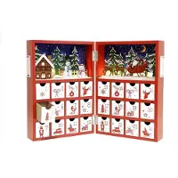 Sonstiges Calendrier de l'Avent en bois avec LED, rechargeable, avec 24 tiroirs, réutilisable, décoré d'une scène de renne, dimensions : 21,8 x 11,4 x 32 cm