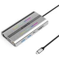 ORICO Station d'accueil XCR 12-en-1 RGB, avec connecteur USB-C, comprenant 3 ports USB-A, un port USB-C compatible PD (Power Delivery), et un port HDMI 100W