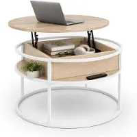 Relaxdays , table basse avec rangement, dimensions (H x D) : 47 x 80 cm, plateau relevable, en MDF et métal, table ronde pour canapé, table d'appoint, beige/blanc