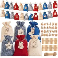 Sonstiges Calendrier de l'Avent à remplir : 24 petits sacs en tissu avec des chiffres et des clips, couleur bleu, dimensions 15x10 cm