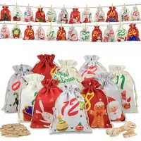 Sonstiges Calendrier de l'Avent à remplir, en tissu, avec 24 petits sacs, idéal pour la décoration de Noël, à réaliser soi-même. Couleurs : rouge, beige, gris. Dimensions : 18 x 13 cm