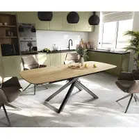 DELIFE Table à manger Edge Boot 180-220x100 cm Céramique Laminam Sabbia Eichefarbig piètement en croix Rectangle Acier inoxydable Graphite extensible