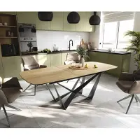 DELIFE Table à manger Edge Boot 180-220x100 cm Céramique Laminam Sabbia Eichefarbig Spider Flachstahl Acier inoxydable Graphite extensible