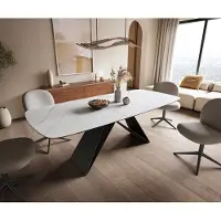 DELIFE Table à manger Edge Boot 180-220x100 cm Céramique Laminam Statuarietto Blanc piètement en V Flachstahl Noir extensible