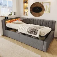 Flieks Canapé-lit hydraulique 90x200 cm avec port USB, lit pour adolescents, lit capitonné simple, canapé-lit avec rangements, tissu lin, couleur gris