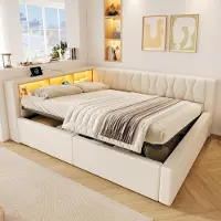 Ulife Daybett : canapé-lit avec port USB, éclairage LED à intensité variable, espace de rangement hydraulique et étagère pratique. Livré sans matelas. Couleur : beige, dimensions : 140x200 cm
