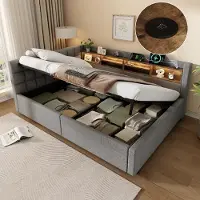 Flieks Canapé-lit 140x200 cm avec port USB et revêtement en similicuir, lit rembourré pour adolescents avec rangements et espace de rangement hydraulique, canapé-lit de jour en lin, gris