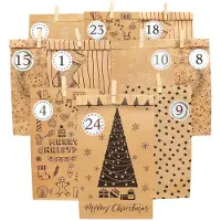 Sonstiges Calendrier de l'Avent à remplir, comprenant 24 sachets en papier kraft avec des autocollants numérotés et des attaches, dimensions : 23,5 x 12 cm