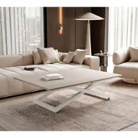 Idohome Table basse extensible ARIA, avec réglage de la hauteur, table pour salon, table multifonctionnelle – Blanc / Cachemire