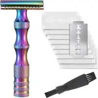 INF Rasoir de Sûreté Métal Vintage, 10 Lames et Brosse de Nettoyage Multicolore