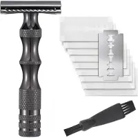 INF Rasoir de Sûreté Métal Vintage, 10 Lames et Brosse de Nettoyage Le noir