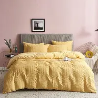 Famanu Housse de couette 135 x 200 cm, ensemble 4 pièces, jaune, rayures en relief, tricotée, chic, microfibre, douce, 2 taies d'oreiller avec fermeture éclair, 2 cache-oreillers 80 x 80 cm.
