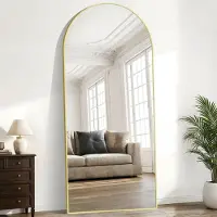 Sonstiges Miroir de plein corps, dimensions 203 x 91 cm, forme incurvée, miroir sur pied, cadre en métal doré, utilisable debout, mural ou adossé