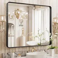 Sonstiges Miroir de salle de bain, rectangulaire, 91,4 x 76,2 cm, cadre en métal noir, verre trempé, angles arrondis