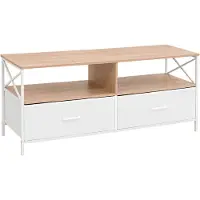 Relaxdays , meuble TV bas, dimensions (H x L x P) : 50 x 120 x 40 cm, 2 tiroirs et étagères, MDF, métal, tissu, table basse TV, couleur naturelle/blanc