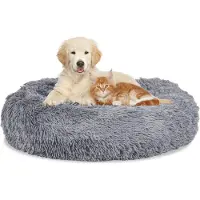 Eikuavons Lit pour chien ou chat , forme ronde, diamètre 60 cm, peluche douce, base antidérapante, couleur gris clair