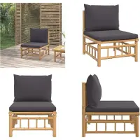 vidaXL Canapé central de jardin avec coussins gris foncé en bambou - Canapé central de jardin - Canapé de jardin - Canapé d'extérieur