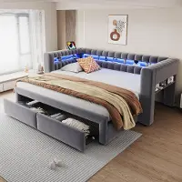 Flieks Canapé-lit 90x190 cm avec lit tiroir 90x190 cm, canapé-lit convertible en lit de jour avec port USB, lit pour adolescents avec rangement et tiroirs, en velours, couleur gris foncé