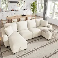 Ulife Canapé modulaire en forme de U, recouvert de velours, avec espace de rangement, dossier rabattable et design moderne. Dimensions : 280 × 137 × 84 cm. Couleur : beige