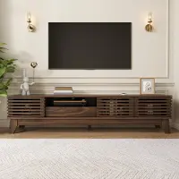 Merax Meuble TV avec façade à motifs en relief, table basse TV en MDF avec 3 portes, meuble TV avec tiroir et étagères ouvertes, meuble TV pour salon, en bois de noyer