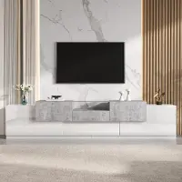 Merax Meuble TV laqué brillant avec tiroir et porte rabattante, meuble TV avec étagère en verre, table TV avec espace de rangement et passe-câbles, blanc et aspect béton