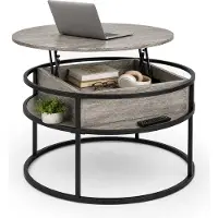 Relaxdays , table basse avec rangement, dimensions (H x D) : 47 x 80 cm, plateau relevable, MDF, métal, table ronde pour canapé, table d'appoint, couleur marron clair/noir