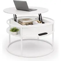 Relaxdays , table basse avec rangement, dimensions (H x D) : 47 x 80 cm, plateau relevable, en MDF et métal, table ronde pour canapé, table d'appoint, blanche