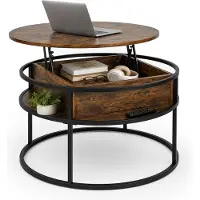 Relaxdays : Table basse avec rangement, dimensions (H x D) : 47 x 80 cm, plateau relevable, en MDF et métal, table ronde pour canapé, table d'appoint, couleur marron/noir