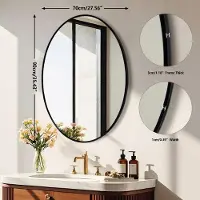 StarTech.com Miroir mural ovale - Miroir de salle de bain - Cadre en aluminium noir - Idéal pour salle de bain, couloir, chambre, salon - Style moderne - 70x90 cm