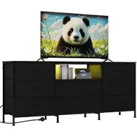 StarTech.com Meuble TV bas - Meuble TV - Largeur 160 cm - 8 tiroirs en tissu pour le rangement - Éclairage LED intégré - Pour téléviseurs de 165 à 190 cm - Structure en bois, style moderne marocain - Noir