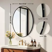 StarTech.com Miroir mural - Miroir de salle de bain ovale - 60x80 cm - Cadre en aluminium noir - Idéal pour les salles de bain, les couloirs, les chambres et les salons