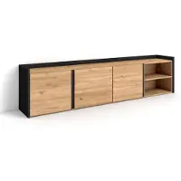Skraut Home PULLER, Meuble TV, Banc Télé, 207x50x35 cm, Pour les TV jusqu'à 80", Meubles de salon, Chêne et noir