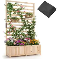 Costway Jardinière avec treillis, Jardinière pour plantes grimpantes, Jardinière surélevée avec treillis, liner & drainage, Bac à fleurs en bois, 90x35x150cm Naturel