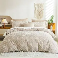 Markenlos Housse de couette Boho 155 x 220 cm, kaki, motif géométrique vintage, microfibre, style shabby chic et bohème, avec taie d'oreiller 80 x 80 cm