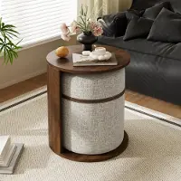 Merax Table d'appoint avec repose-pieds intégré, ensemble de tables rondes, table d'appoint pour canapé avec repose-pieds intégré, table de chevet avec espace de rangement, en MDF, aspect bois, noyer